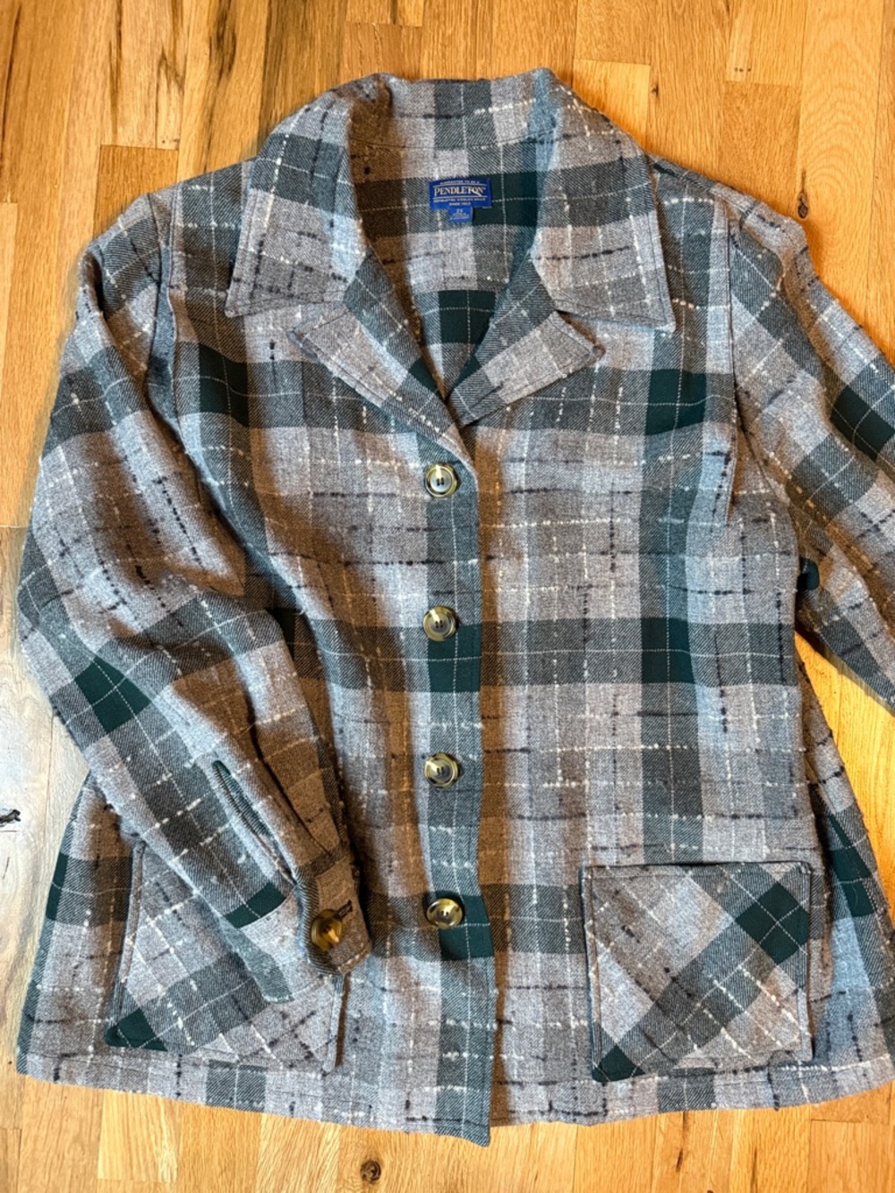 Vintage Pendleton Gray & Dark Green Plaid Wool Blazer